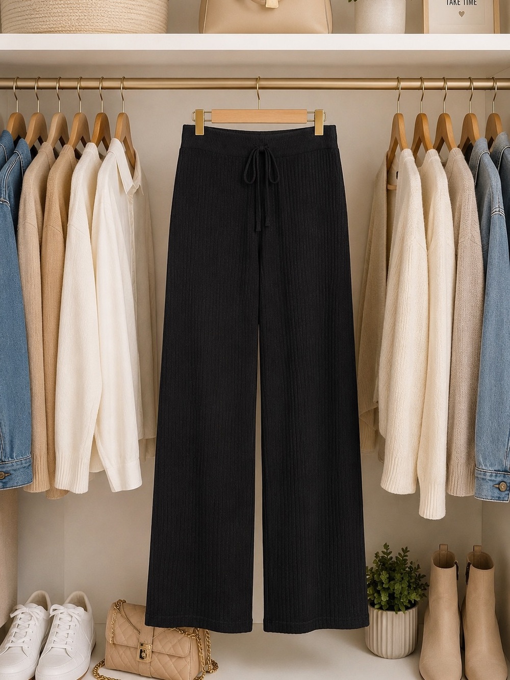 Black Wide-Leg Knit Pants with Drawstring